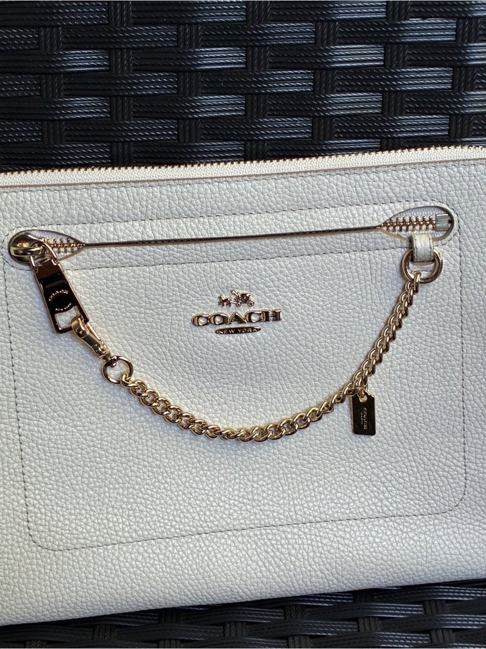 Coach White Pebbled Leather Chain Wristlet Clutch with Gold Hardware - Picture 10 of 14